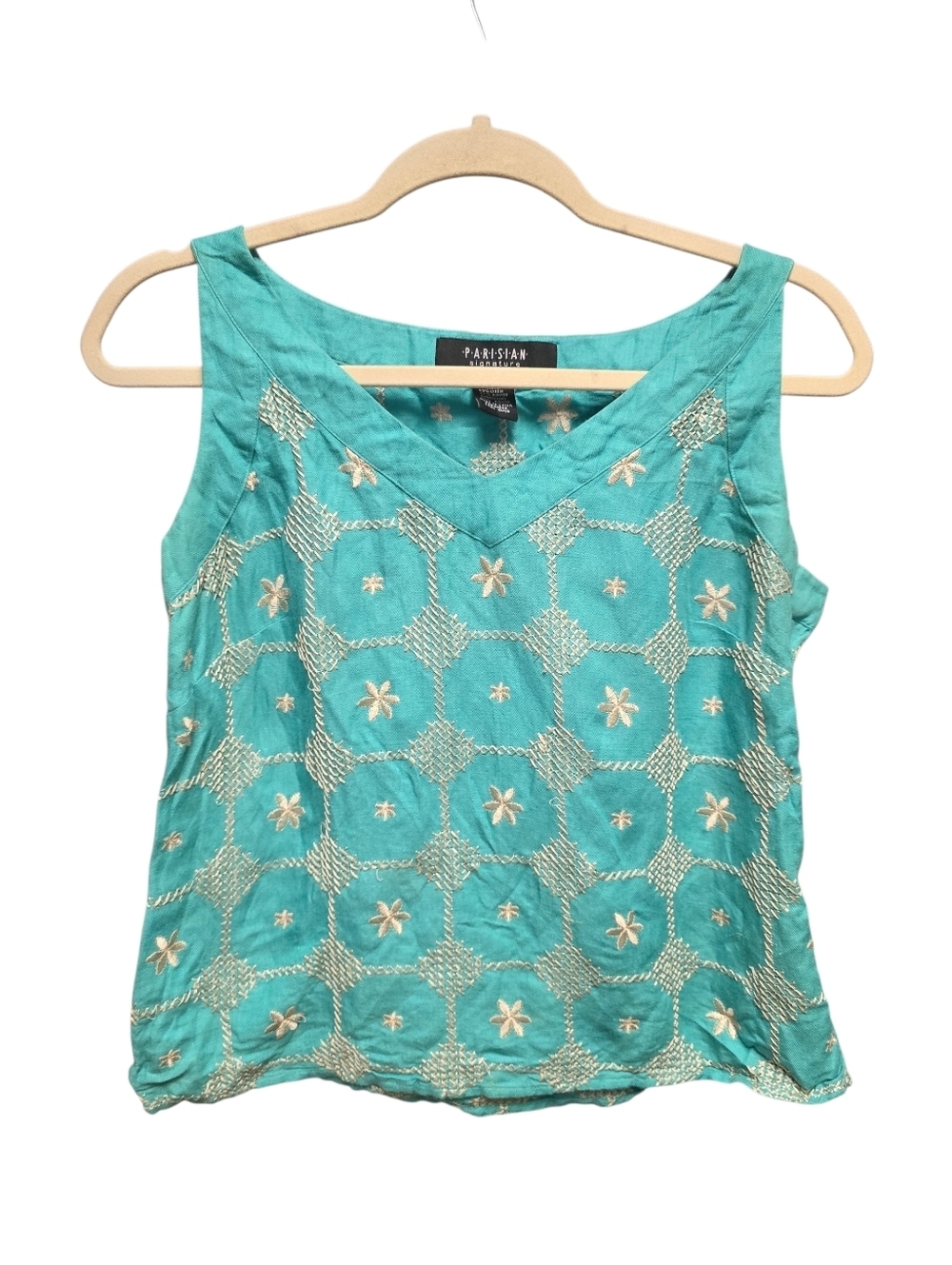 Parisian Works Turquoise Sleeveless Linen Blend V-Neck Embroidered Camisole Sz.8